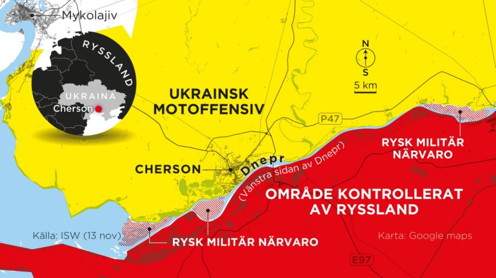 Områden under rysk kontroll och rysk militär närvaro, samt ukrainsk motoffensiv den 13 november.