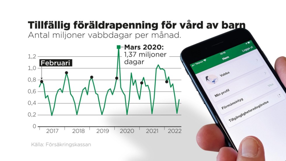 Antal miljoner vabbdagar per månad, 2017–2022.