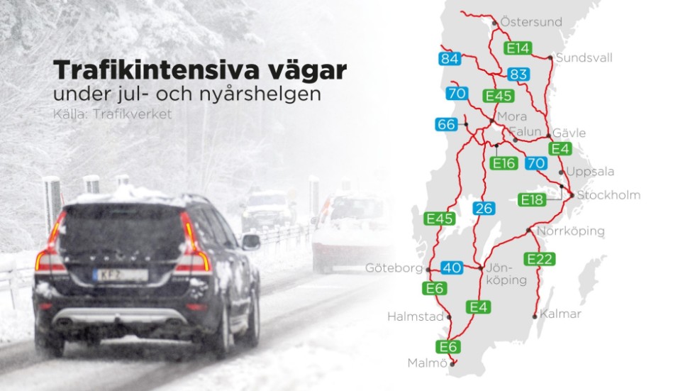 Trafikintensiva vägar under jul- och nyårshelgen.