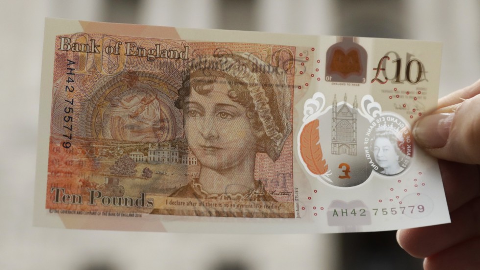 Jane Austen på en brittisk pundsedel. Arkivbild.