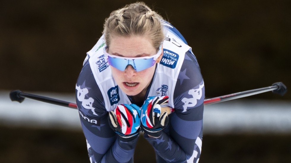 Amerikanska längdstjärnan Jessie Diggins under senaste Tour de Ski. Arkivbild.