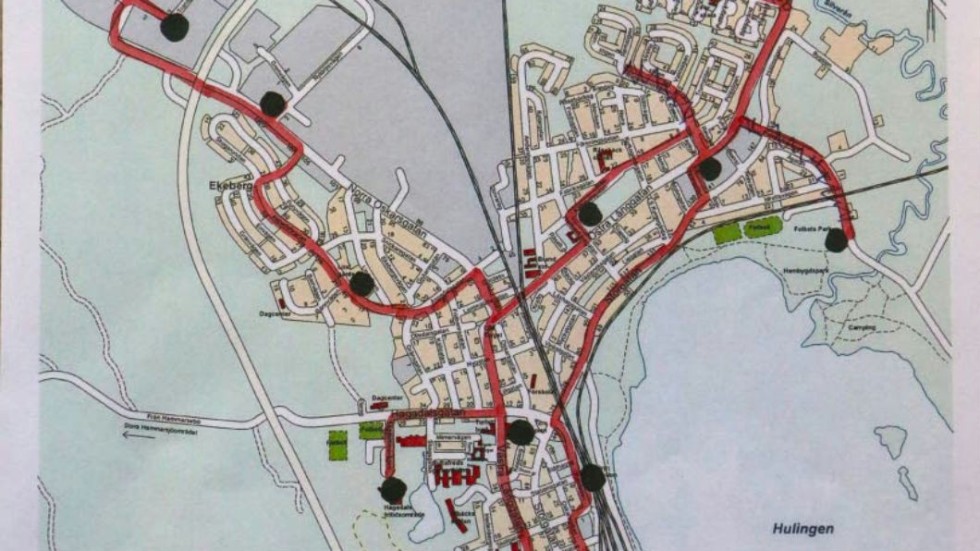 Så här tänker sig kommunens trafikansvarige, Michael Leijonhud att busslinjen ska gå. Från Stålhagen i söder till sjukhememt i norr, från Campus i väster till Hembygdsparken i öster.