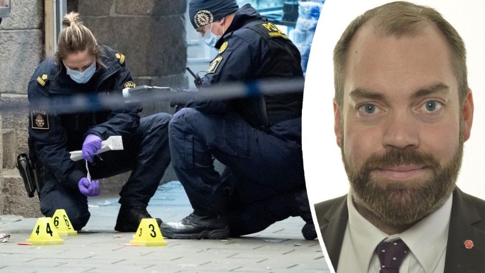 Det finns nära kopplingar mellan välfärdsbrott och gängkriminalitet. Bilden t v visar polisarbete efter en skjutning i Malmö i november. T h Fredrik Lundh Sammeli (S), ordförande i justitieutskottet.