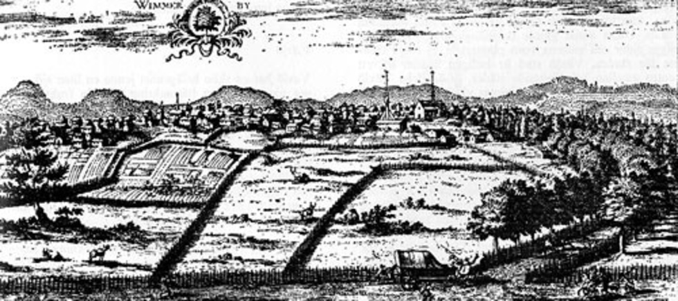 Vimmerby år 1676, avbildat av Erik Dahlberg, från boken Suecia antiqua et hodierna.