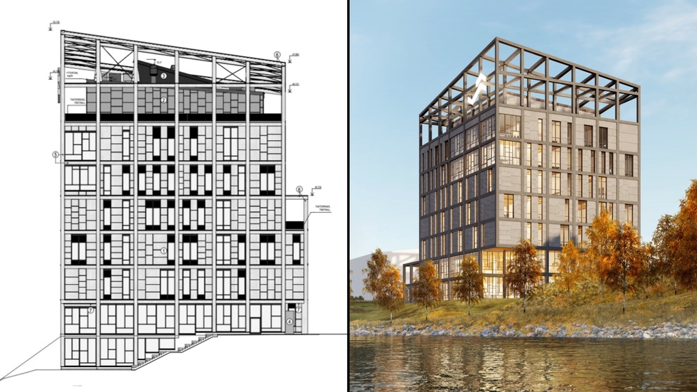 To the left, a facade drawing from the construction documents, and to the right, a sketch of how the house should look