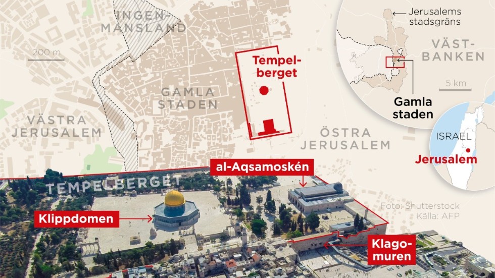 Kartan visar Tempelberget/al-Haram al-Sharif i Jerusalem med Klippdomen, al-Aqsamoskén och Klagomuren.