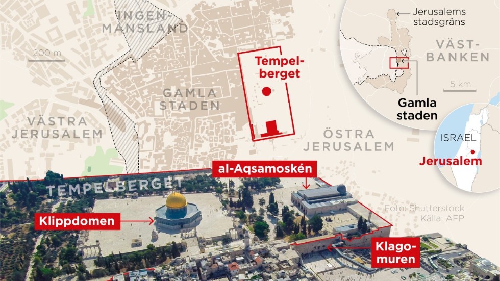 Kartan visar Tempelbergets placering i Jerusalem med Klippdomen, al-Aqsamoskén och Klagomuren.