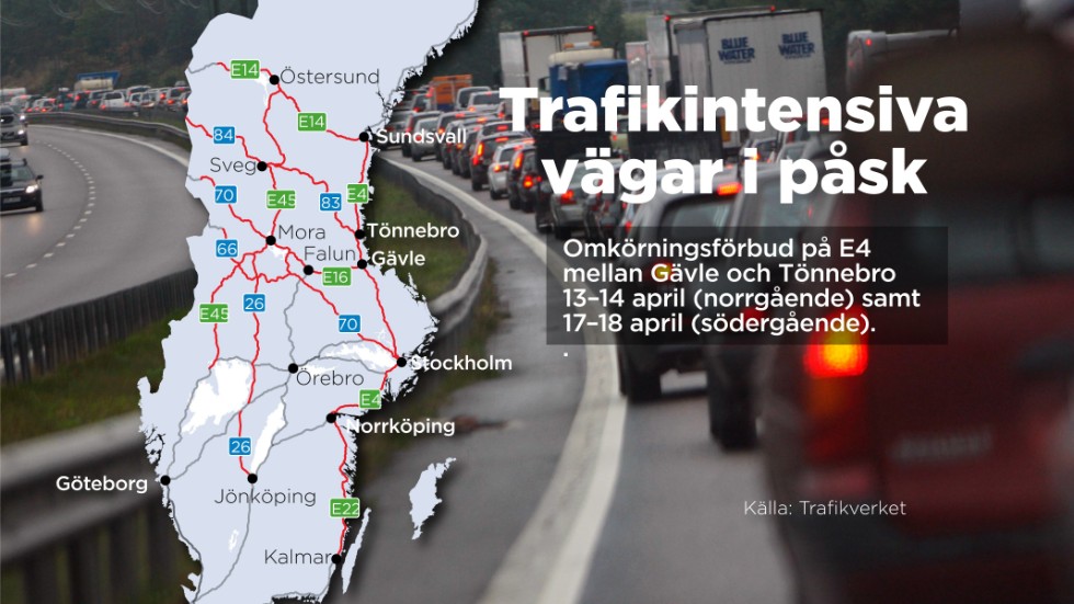 Trafikintensiva vägar i Sverige under påskhelgen 2022.