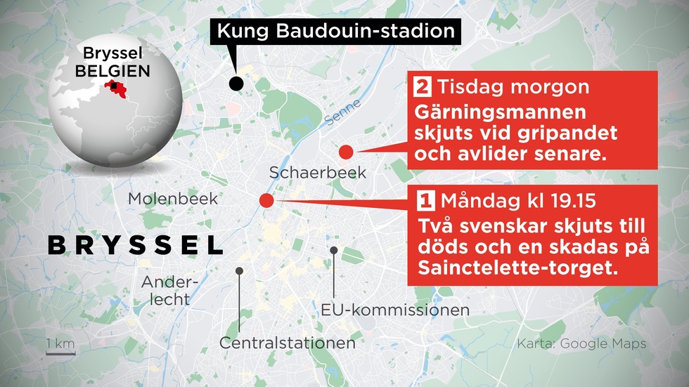 Kartan visar var terrorattentatet i Bryssel skedde under måndagen samt var gärningsmannen sköts under tisdagsmorgonen.