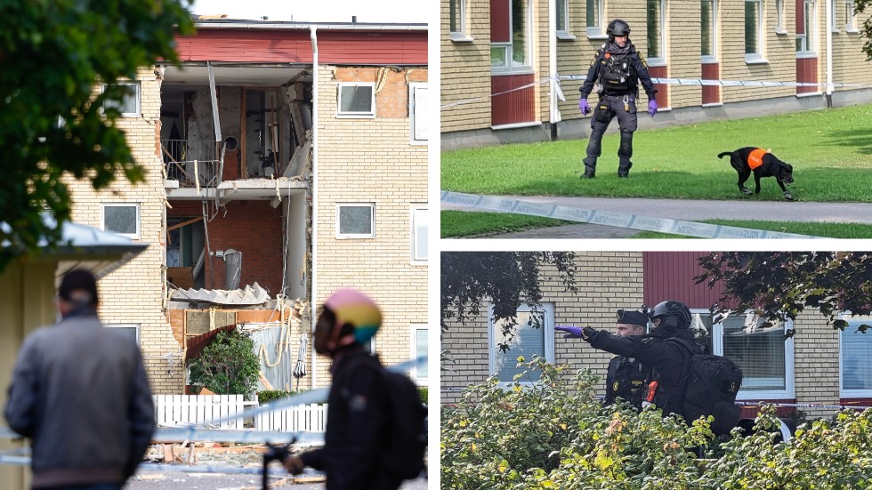 Förödelse efter explosionen i Ekholmen. Räddningstjänsten sökte igenom fastigheten, och på förmiddagen var polisens bombgrupp på plats i området.