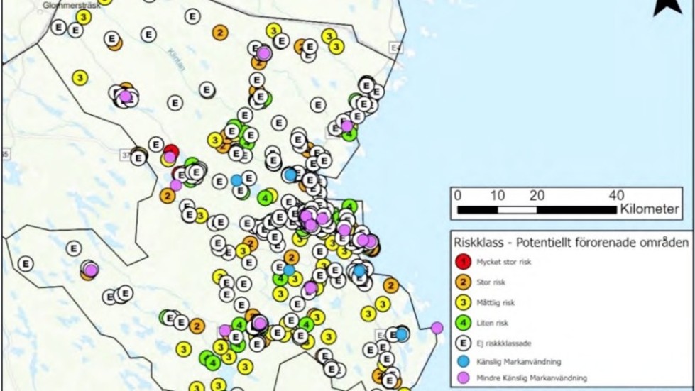 The locations in Skellefteå municipality where there may be pollutants. The Environmental Office will now focus on the red and orange dots, as well as those marked with an E, since they haven't even been investigated yet.