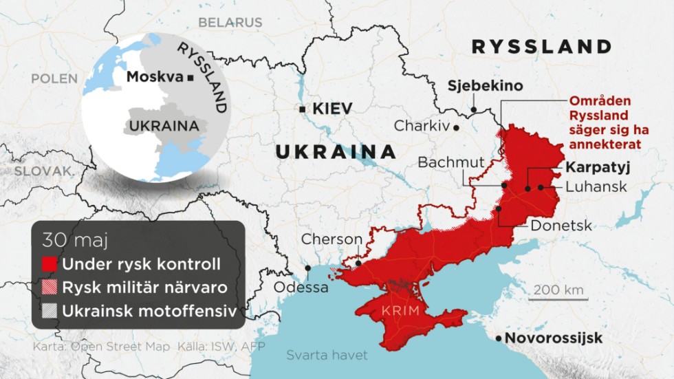 Områden under rysk kontroll, områden med rysk militär närvaro, ukrainska motoffensiver samt annekterade områden t o m den 30 maj.