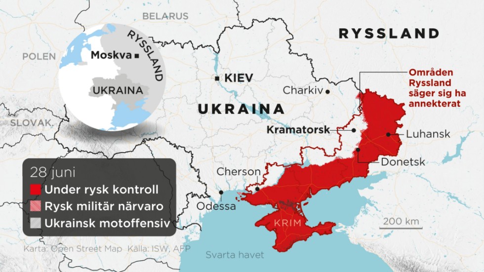 Områden under rysk kontroll, områden med rysk militär närvaro, ukrainska motoffensiver samt annekterade områden till och med den 28 juni.