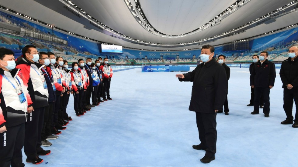 En bild från den statliga nyhetsbyrån Nya Kina visar president Xi Jinpings besök vid en olympisk arena i Peking i början av januari.