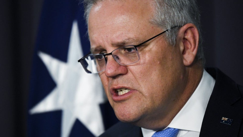 Australiens premiärminister Scott Morrison riktar frän kritik mot det fejkade fotot. Arkivbild.
