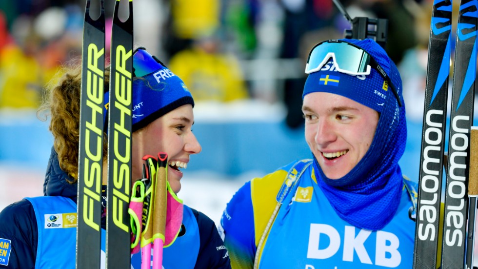 Hanna Öberg och Sebastian har en bra medaljchans i singelmixedstafetten. Arkivbild.