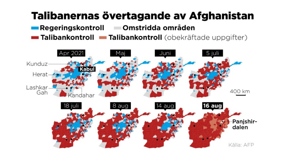 Karta som visar talibanernas erövring av Afghanistan från april till augusti.