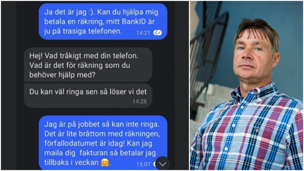 Ulf Gollungberg vid Västervikspolisen berättar att bedrägerier av typen "social manipulation" är vanligt just nu. Bedrägeriet kan i korthet se ut som Messenger-dialogen till vänster. Exemplet är hämtat från Polisens i Västerviks Facebooksida.
