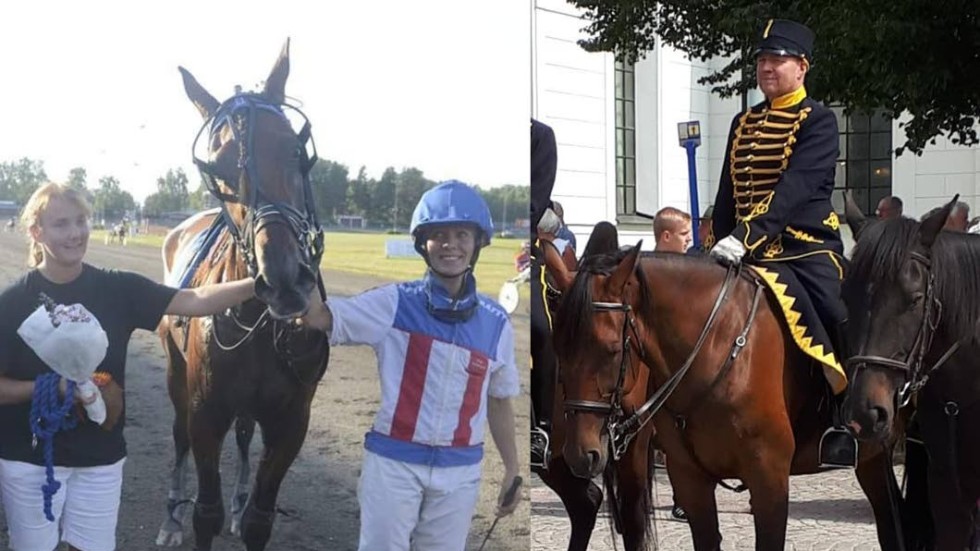 Hästen Tequila Akema med tränaren Victoria Hagström och ryttaren Åsa Svensson på travbanan och tillsammans med Örjan Brun i vaktparad med Smålands Husarer.