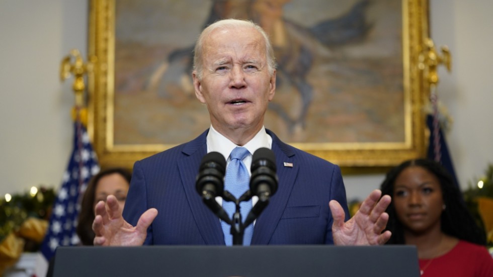 USA:s president Joe Biden under torsdagens pressträff i Vita huset.