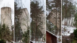 KOLLA FILMEN: Här sprängs det 24 meter höga vattentornet – och faller till marken: "Betalade mer för att riva än att bygga det"