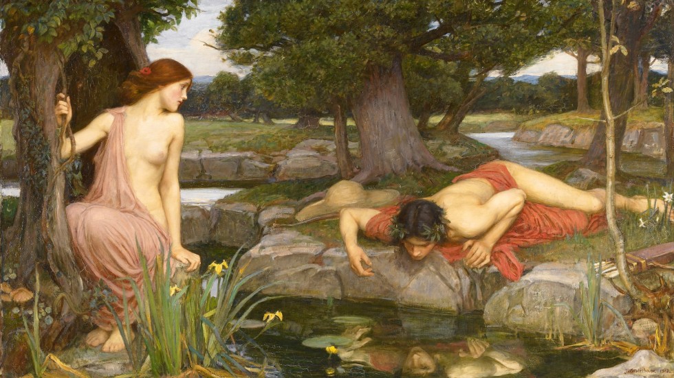 Narcissus speglar sig till döds förälskad i sin egen spegelbild medan den avvisade nymfen Echo tynar bort till endast hennes röst hörs genom evigheten. Målning av John William Waterhouse från 1903. 