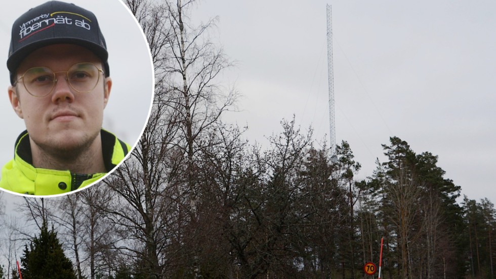 Här intill länsväg 760 strax norr om Tuna samhälle står den 66 meter höga masten som får en fibersignal via radiolänk från en mast som sitter i vattentornet i Storebro. "Det får inte vara några hinder mellan masterna för att överföreningen ska fungera", säger Pontus Lindman på Vimmerby Fiber.