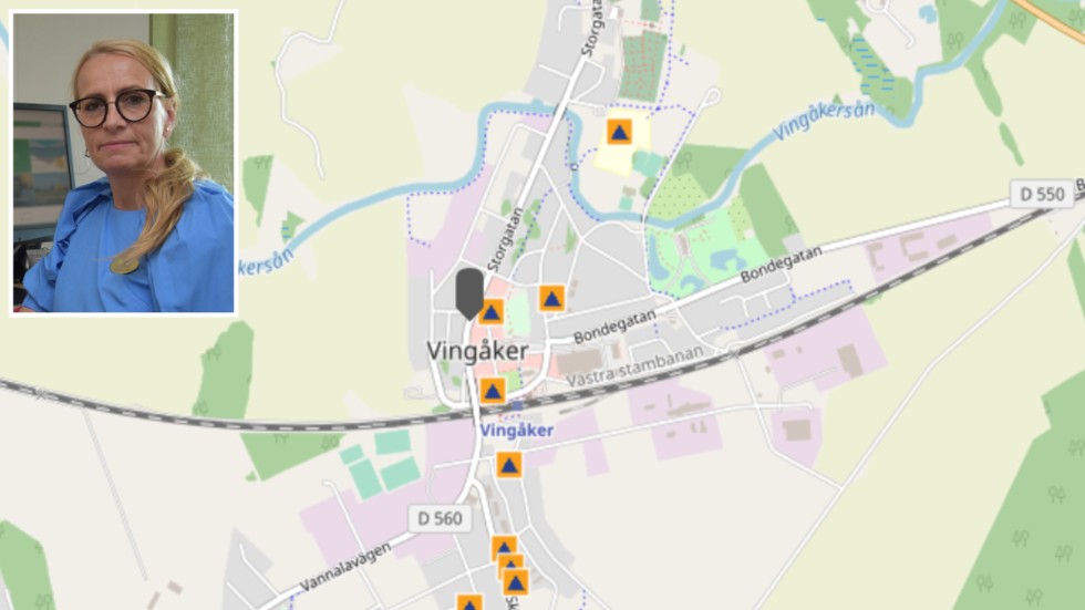Det finns sammanlagt 870 platser i skyddsrum runt om i Vingåkers kommun, berättar Hanna Mehaj, säkerhetsstrateg i Vingåkers kommun. Den här kartan visar anläggningarna i centralorten. Det finns även skyddsrum i Högsjö och Österåker. 