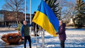Den ukrainska flaggan vajar vid kommunhuset i Tierp