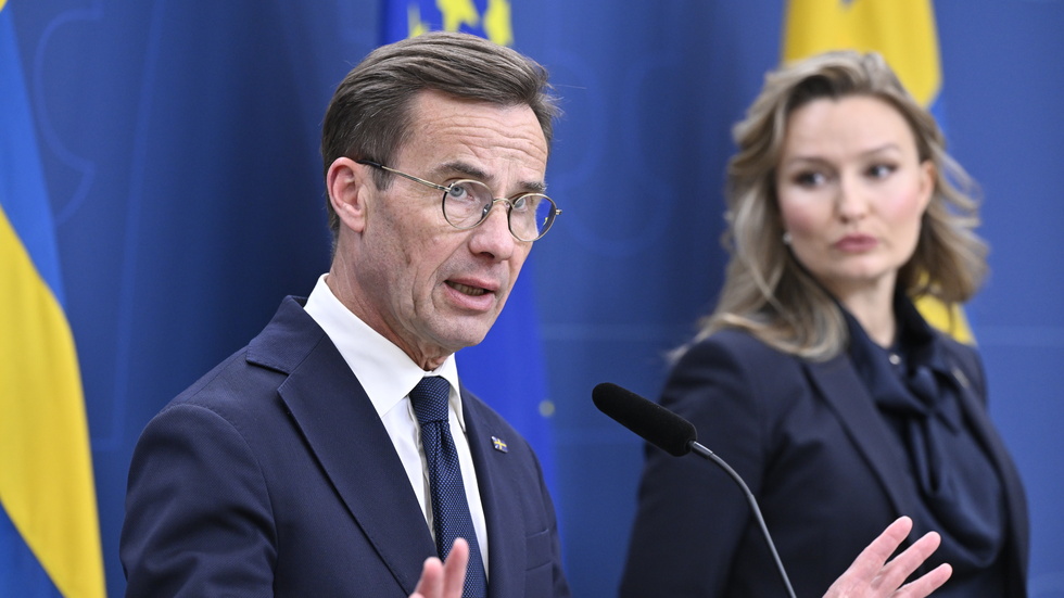 Statsminister Ulf Kristersson (M) och vice statsminister Ebba Busch (KD) vid en pressträff efter torsdagens möte i nationella säkerhetsrådet.