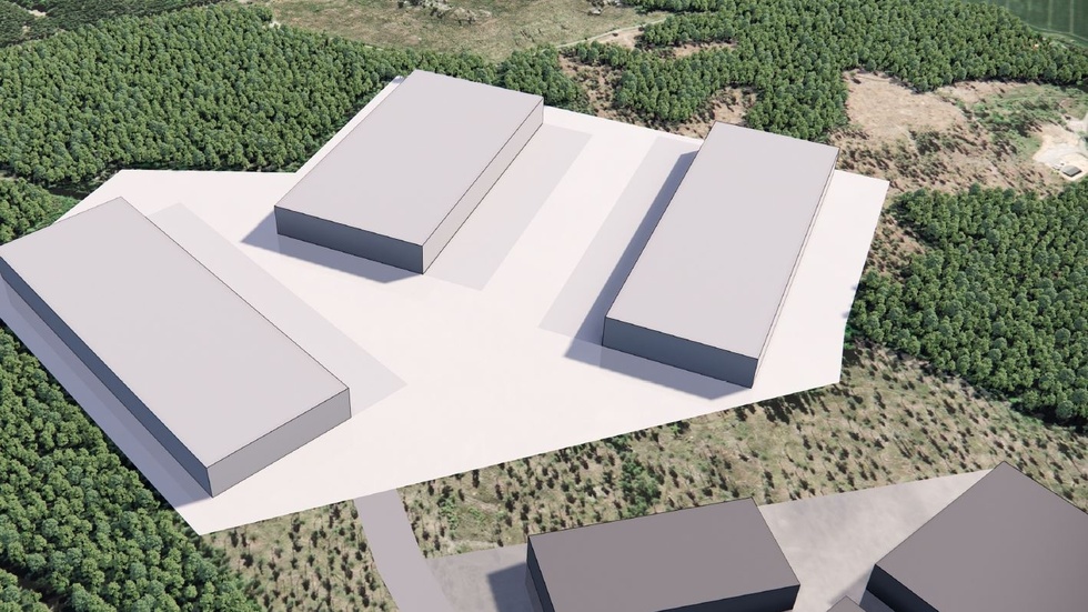 Förslag till placering av lagerbyggnader. Bilden från ansökan om ändrad detaljplan för området där Klinga logistikpark planeras.
