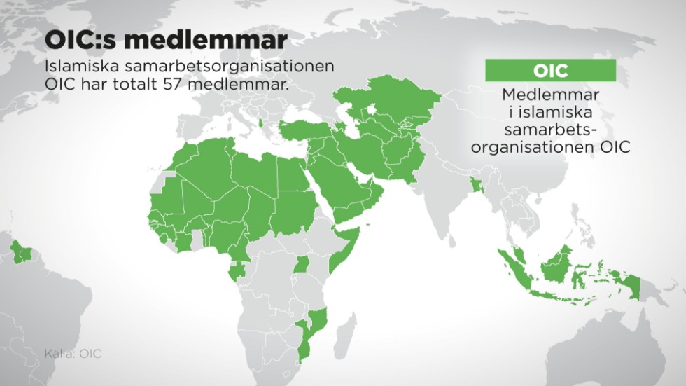 Kartan visar de länder som utgör den islamiska samarbetsorganisationen OIC.