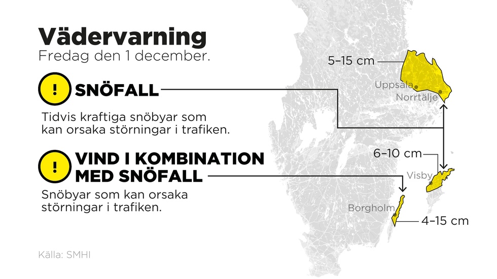 SMHI varnar för kraftiga snöbyar som kan orsaka trafikproblem på norra Öland, norra Gotland och stora delar av Uppland.