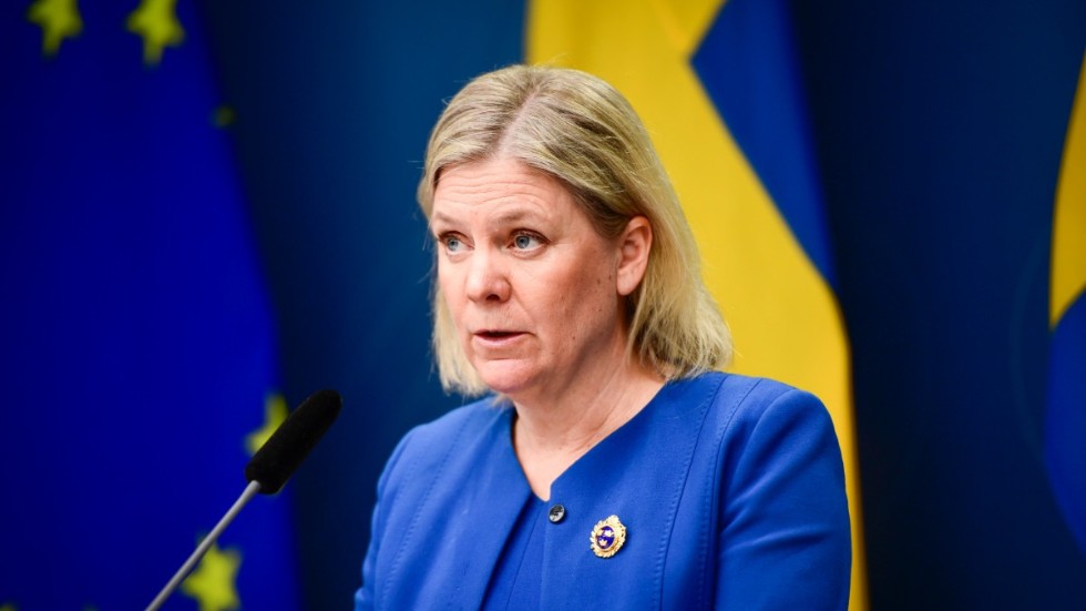 Statsminister Magdalena Andersson vid presskonferensen på torsdagen 28 april.
