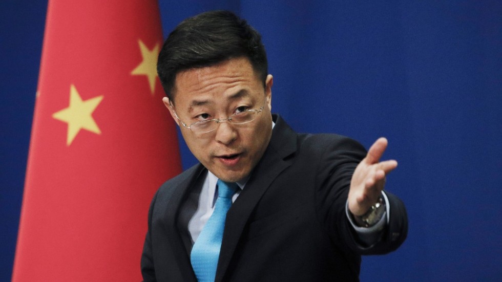 Zhao Lijian, talesperson för Kinas utrikesdepartement, under en presskonferens i Peking i februari.