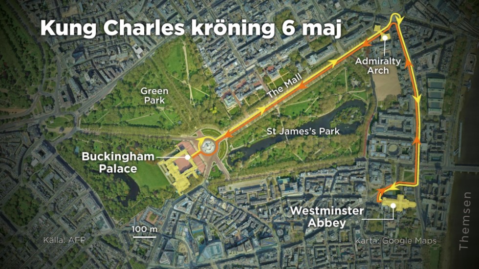 Kortegevägen i London vid kung Charles III kröning den 6 maj. Från Buckingham Palace till Westminster Abbey genom Admiralty Arch.