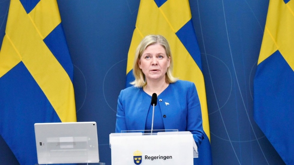 Statsminister Magdalena Andersson (S) vid pressträffen i Rosenbad.