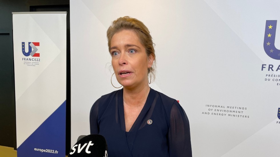 Klimat- och miljöminister Annika Strandhäll (S) träffar svenska journalister vid fredagens EU-möte i nordfranska Amiens.