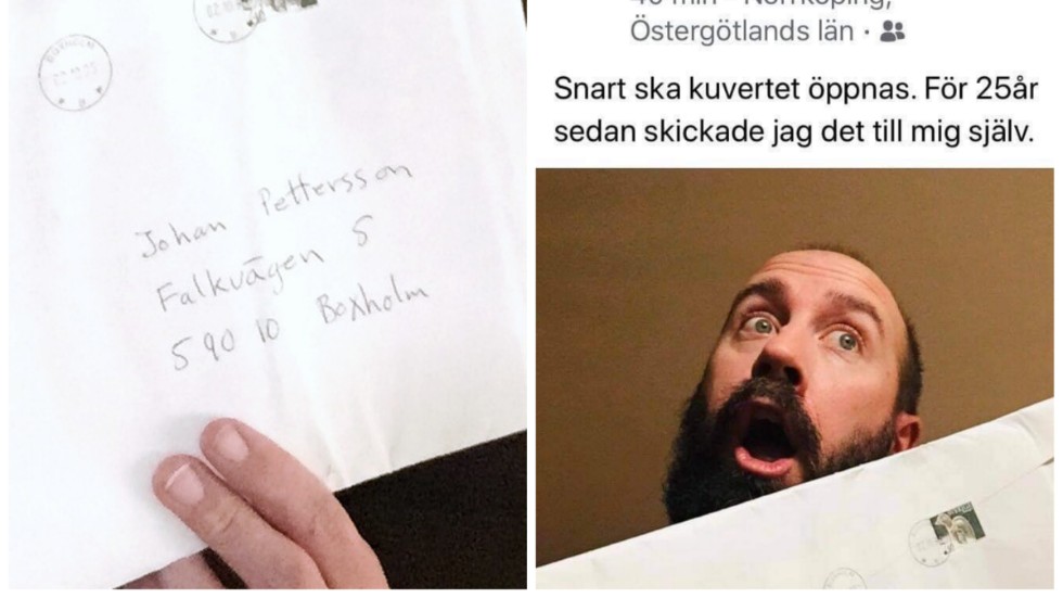 Johans Petterssons brev till sig själv som han väntade i 25 år att öppna. Till höger inlägget på sociala medier innan hans livesända öppningsceremonin på Facebook.