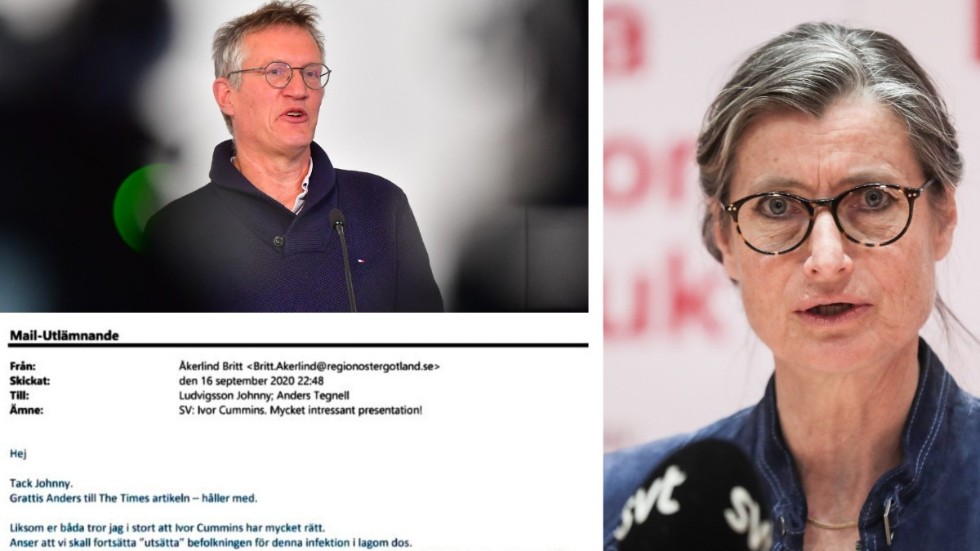Östergötlands smittskyddsläkare Britt Åkerlind skriver i ett mail till Anders Tegnell att hon tycker att  befolkningen ska fortsätta att utsättas för coronaviruset.