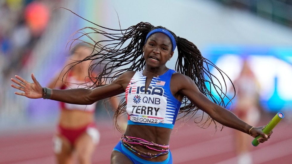 Twanisha Terry, USA, efter USA:s seger på 4x100 meter.