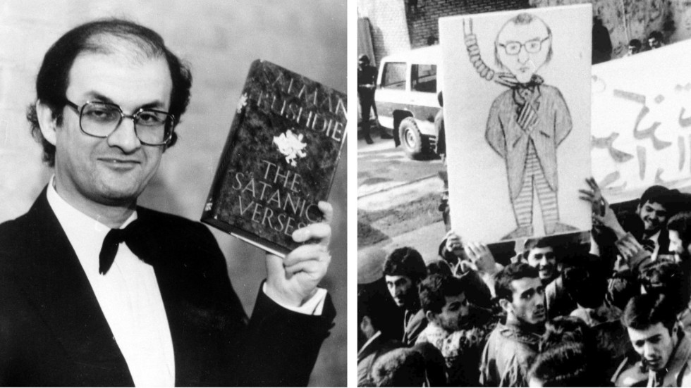 Salman Rushdie visar stolt upp sin roman "Satansverserna" 1989. Samtidigt rasar våldsamma protester i Teheran emot den och muslimska studenter vill se honom hängd.