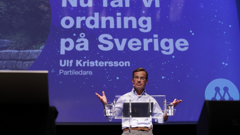 Partiledare Ulf Kristersson talar under Moderaternas valupptakt i Norrköping under torsdagen.