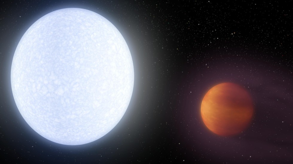Exoplaneten KELT-9b samt dess stjärna KELT-9.