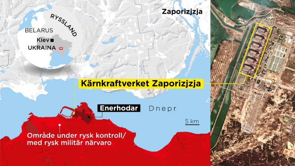 Den ryskockuperade staden Enerhodar och kärnkraftverket Zaporizjzja.