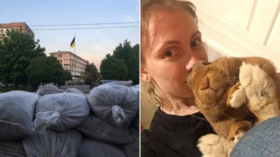 Natasha Dmytrenko, till höger i bild tillsammans med sin kanin, har återvänt hem till staden Poltava. Till vänster syns en bild från staden, där sandsäckar placerats ut kring strategiskt viktiga byggnader. 