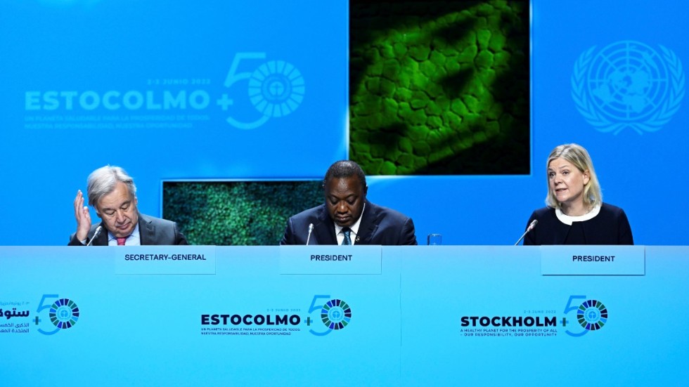 FN:s generalsekreterare António Guterres, Kenyas president Uhuru Kenyatta och statsminister Magdalena Andersson på Stockholm+50.