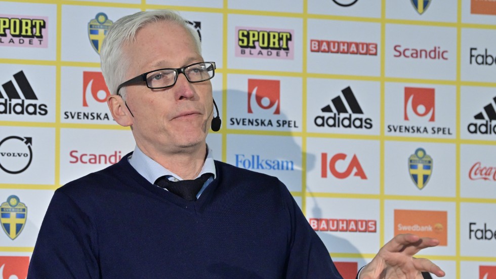 Håkan Sjöstrand, generalsekreterare på Svenska fotbollförbundet, under onsdagens pressträff i Solna.