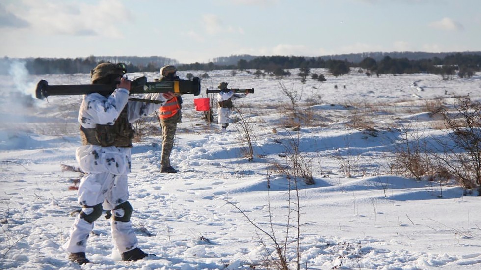 Bild från en övning med ukrainska soldater vid militärbasen i Javoriv i slutet av januari i år.