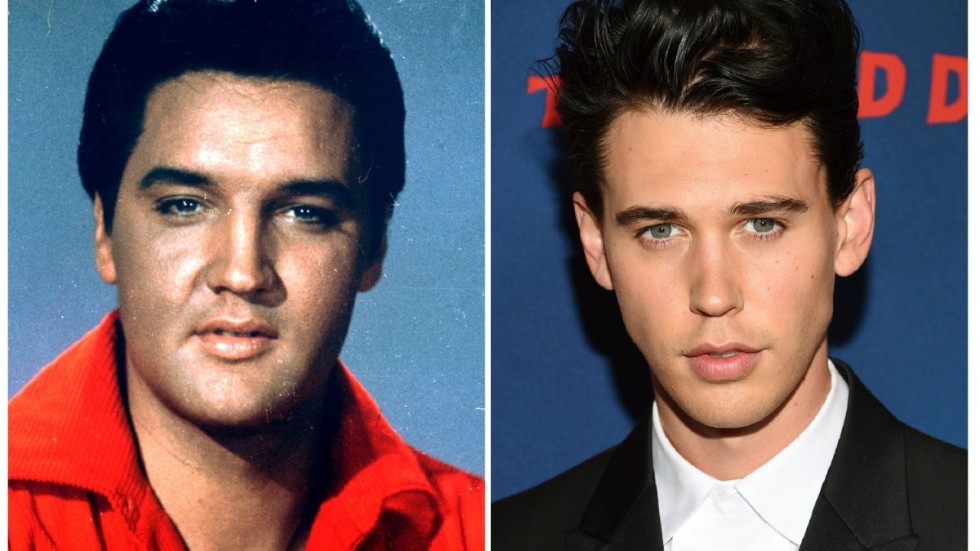 Elvis Presley porträtterad 1964 och till höger skådespelaren Austin Butler som spelar rockikonen i den kommande filmen "Elvis". Arkivbild.